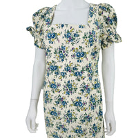 Hyacinth House Esther Floral Puff Sleeve Ivory & Blue Midi Dress