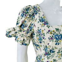 Hyacinth House Esther Floral Puff Sleeve Ivory & Blue Midi Dress